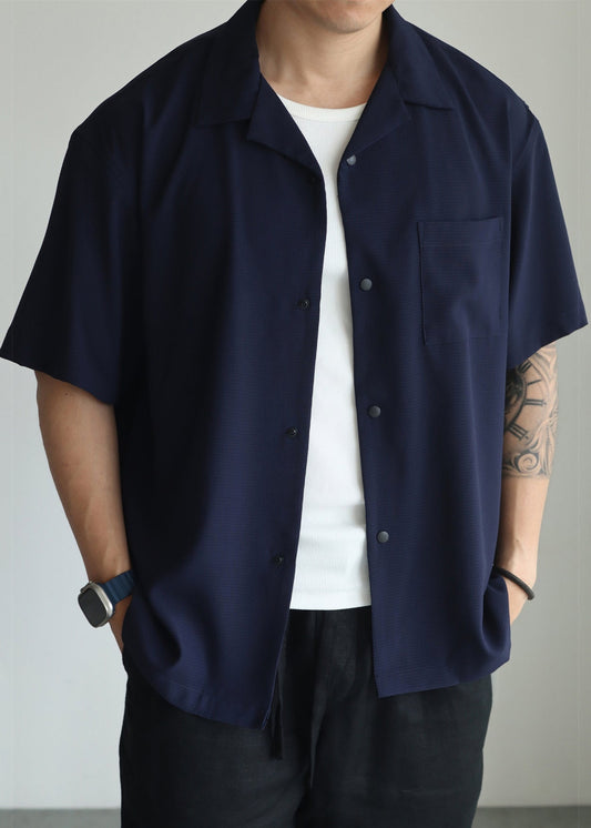 Men's Oversized Cotton Shirt Navy Short Sleeve Relaxed Fit - OutfitLondon