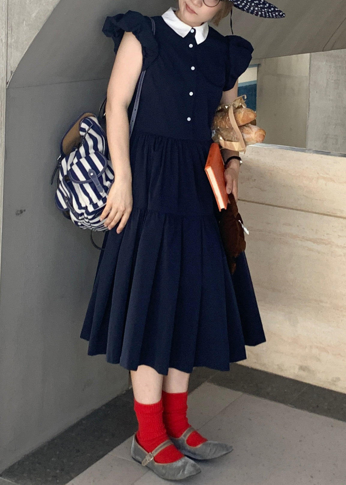 Women's Navy Cotton Blend Dress Puff Sleeves Button Pockets - OutfitLondon