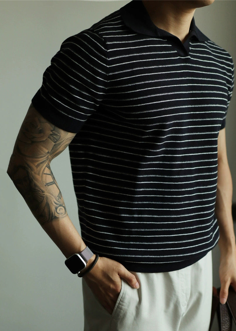 Mens Navy Polo Shirt Lightweight Breathable Knit - OutfitLondon