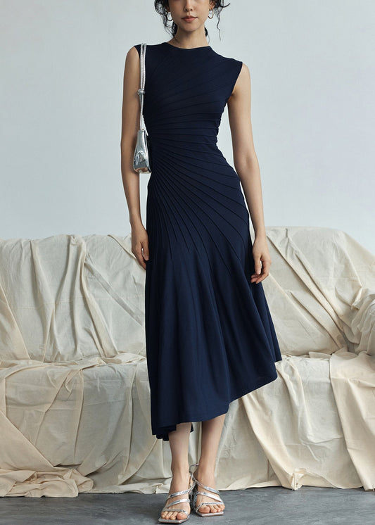 Women's Navy Cotton Blend Maxi Dress High Waist Sleeveless - OutfitLondon