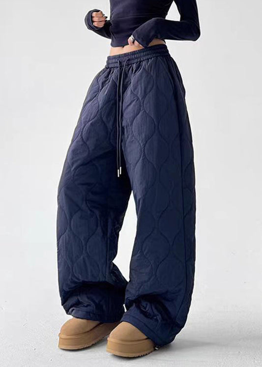 Unisex Cotton Wide Leg Pants Elastic Waist Navy Blue - OutfitLondon