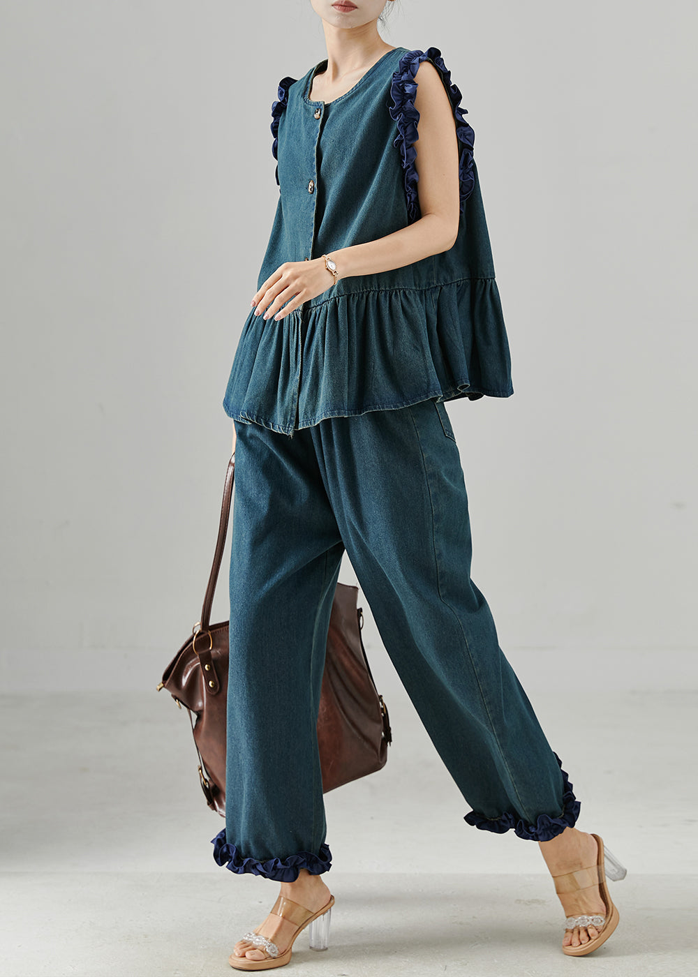 Women's Navy Denim Two Piece Set Ruffles - OutfitLondon