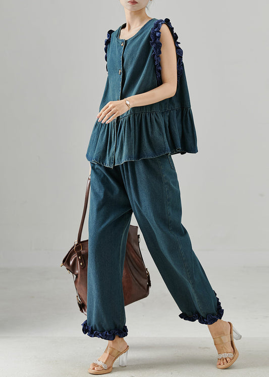 Women's Navy Denim Two Piece Set Ruffles - OutfitLondon