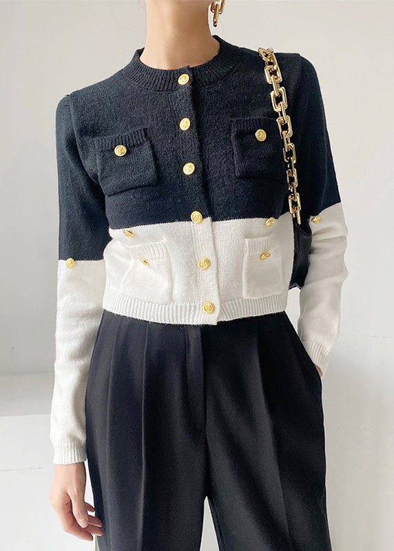 Women's Navy Cardigan Sweater Gold Buttons Pockets - OutfitLondon