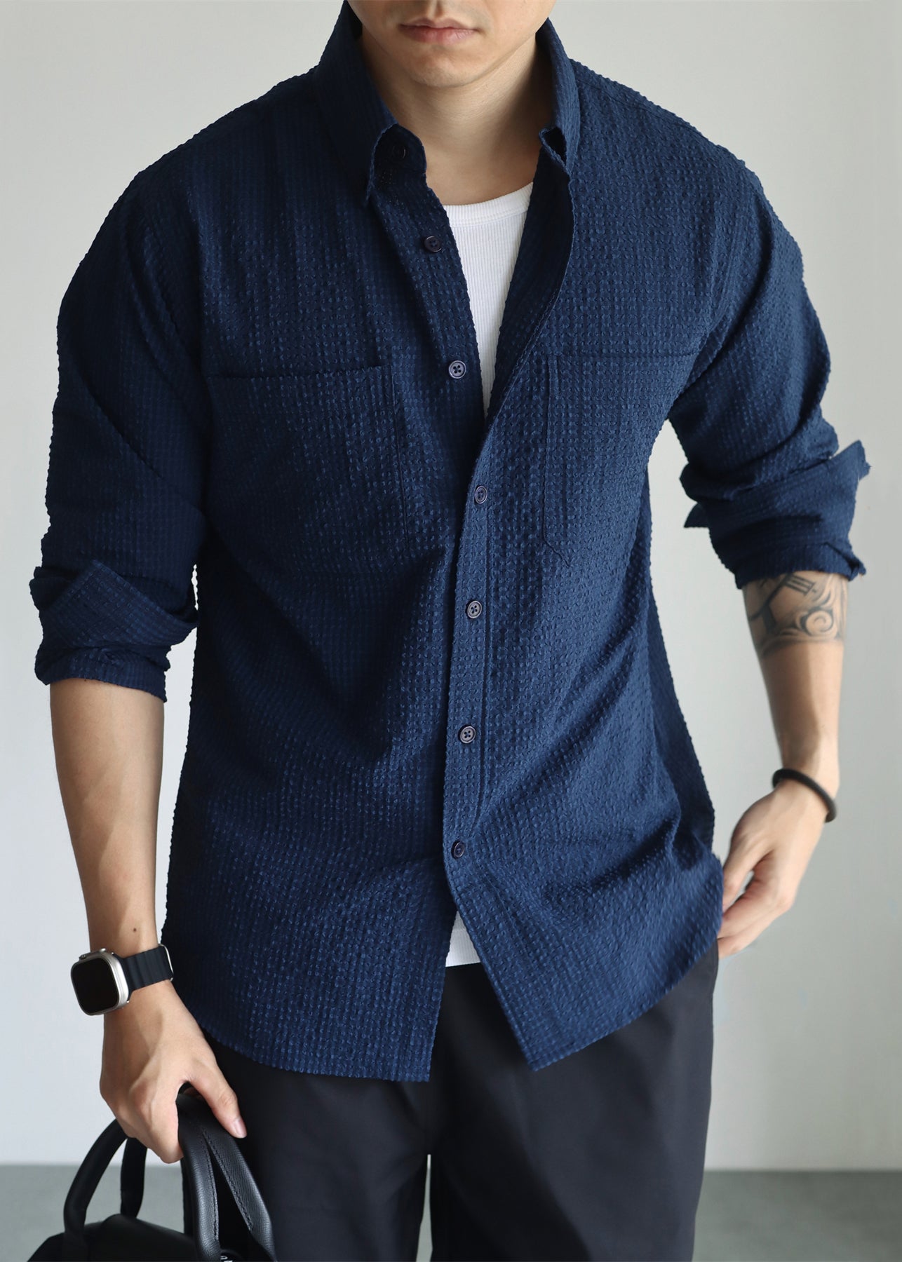 Men's Long Sleeve Cotton Hawaiian Shirt Navy Blue - OutfitLondon