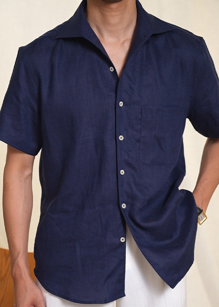 Men's Linen Short Sleeve Shirt Navy Blue With Pockets - OutfitLondon