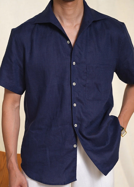 Men's Linen Short Sleeve Shirt Navy Blue With Pockets - OutfitLondon