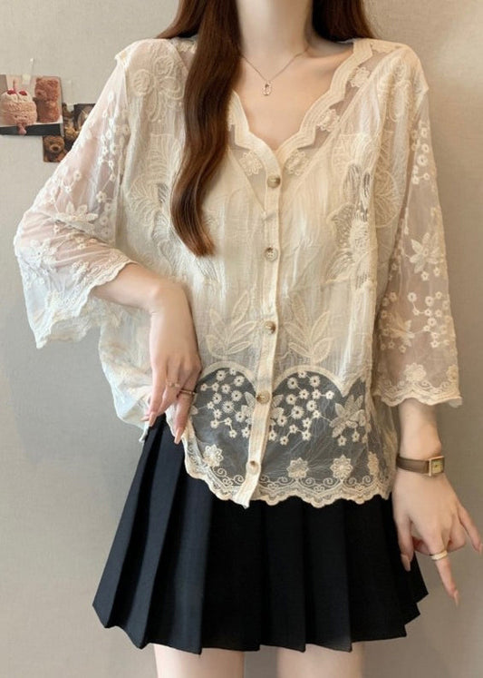 Women's Cotton Button-Down Shirt Embroidered Buttons Bracelet Sleeves - OutfitLondon