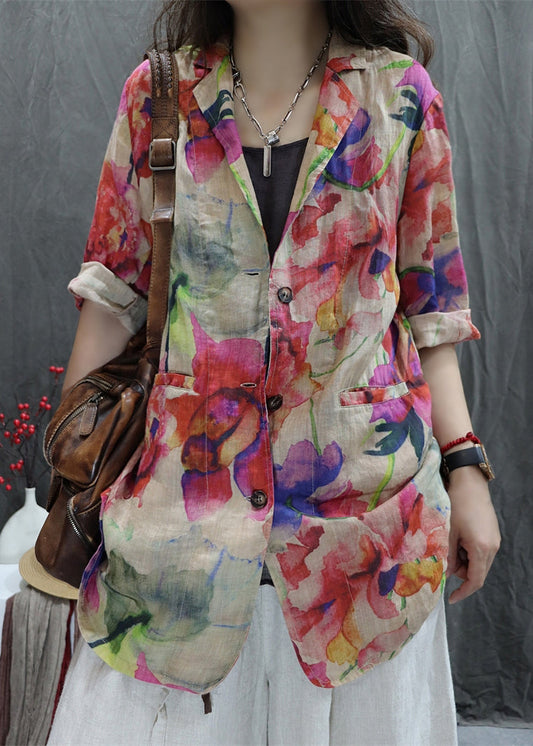 Women's Cotton Linen Blend Short Sleeve Coat Apricot Print Plus Size - OutfitLondon