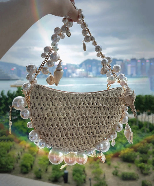 Women's Woven Straw Tote Bag Apricot Pearl Beads Zipper Closure - OutfitLondon