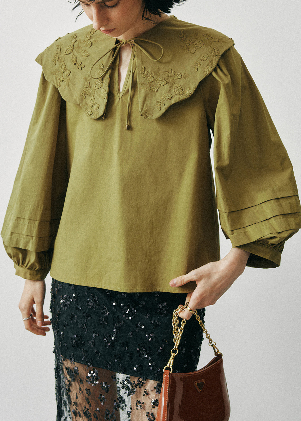 Women's Embroidered Cotton Blouse Ruffles Lantern Sleeves Army Green - OutfitLondon