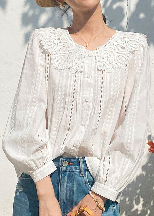 Women's Embroidered Cotton Blouse Lightweight Beige - OutfitLondon