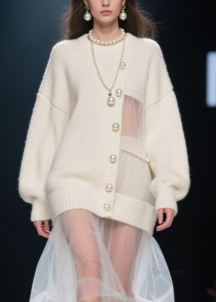 Women's Beige Knit Dress With Tulle And Pearls - OutfitLondon