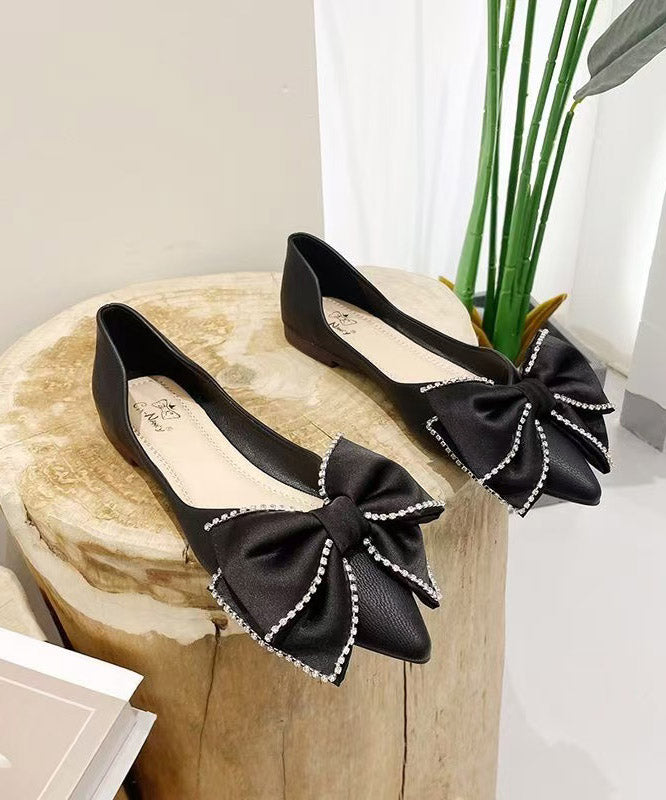 Women's Black Bow Flats Faux Leather Comfortable - OutfitLondon