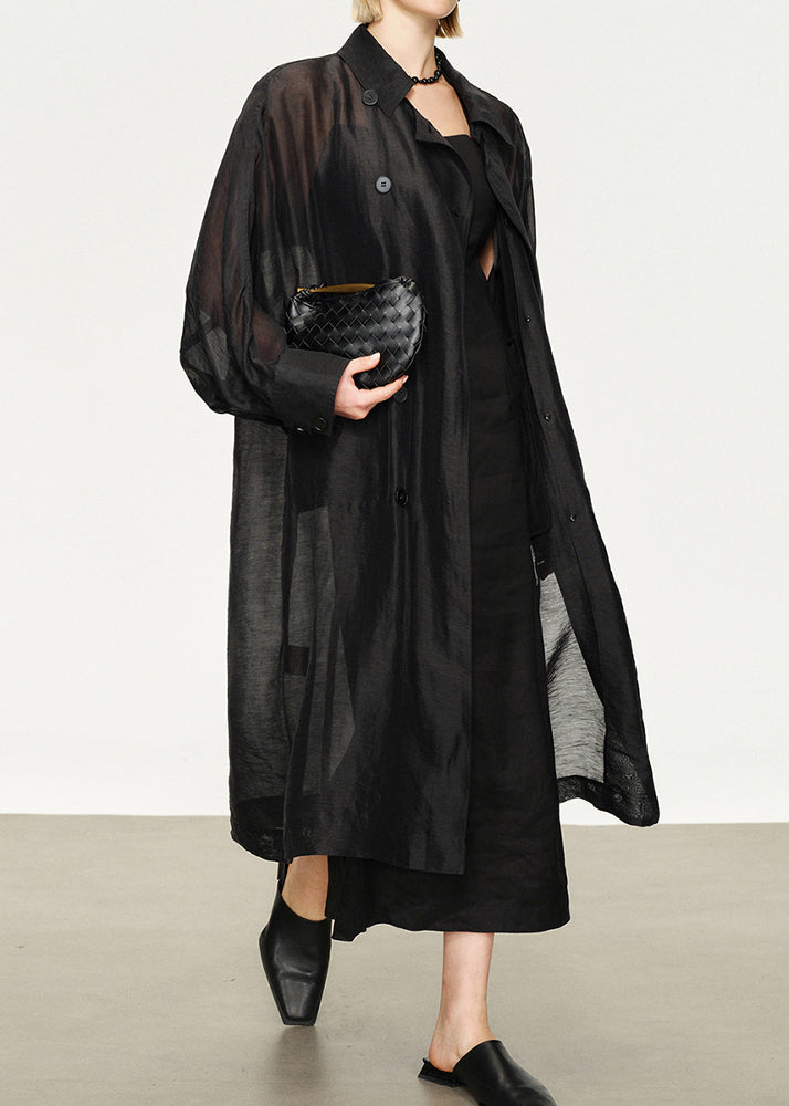 Women's Long Linen Trench Coat Black Plus Size - OutfitLondon