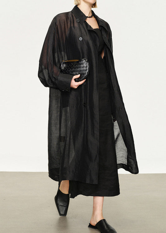 Women's Long Linen Trench Coat Black Plus Size - OutfitLondon