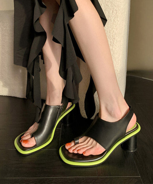 Women's Leather Sandals Thick Heel Cushioned Insole Black Cowhide - OutfitLondon