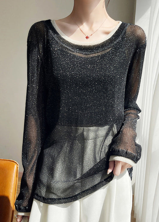 Women's Round Neck Tulle Patchwork Tee Lightweight Black - OutfitLondon