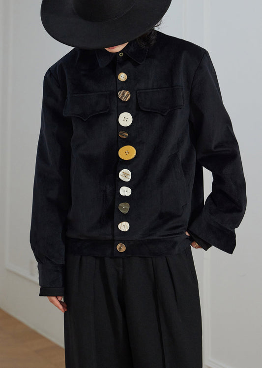Women's Black Corduroy Jacket Peter Pan Collar Button Pockets - OutfitLondon