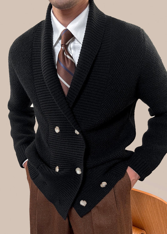 Men's Knit Cardigan Coat Double Breasted Black - OutfitLondon