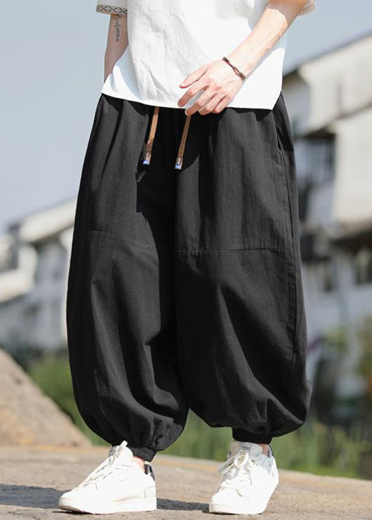 Men's Cotton Pants Black Elastic Waist - OutfitLondon