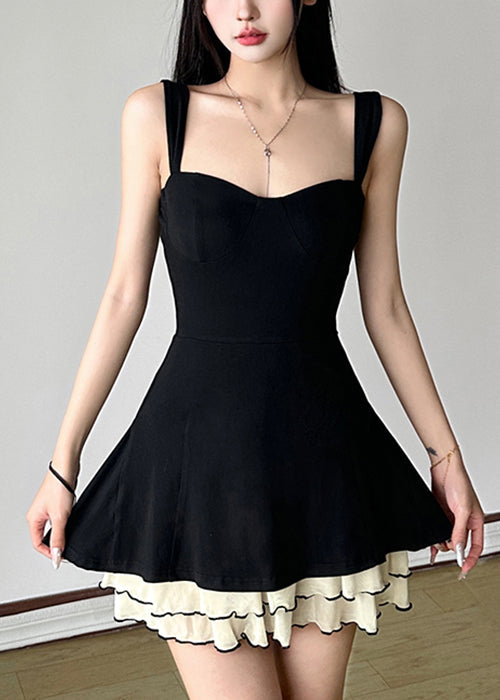 Women's Black Spaghetti Strap Dress Cotton Tulle Overlay - OutfitLondon