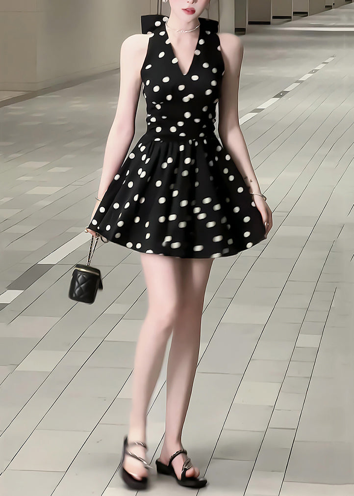 Women's Cotton Polka Dot Midi Dress Sleeveless Black - OutfitLondon