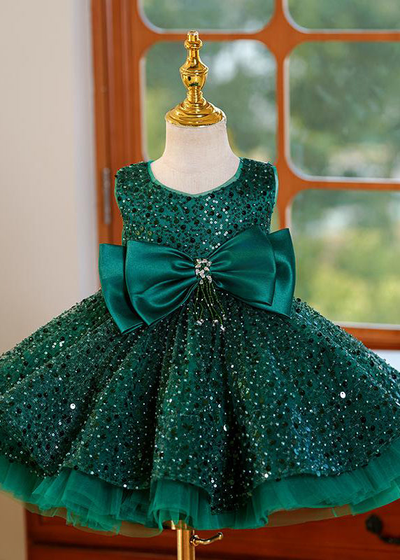 Girls Green Sequin Maxi Dress Tulle Overlay - OutfitLondon