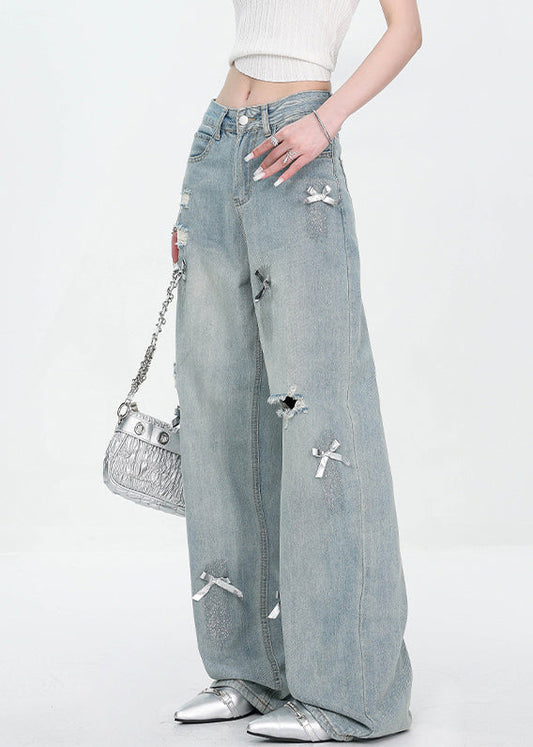 Women's High Waisted Denim Pants Bow Tie Detail Blue - OutfitLondon