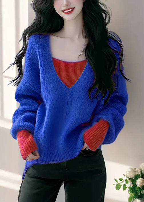 Women's Patchwork Knit Sweater Lightweight Blue - OutfitLondon