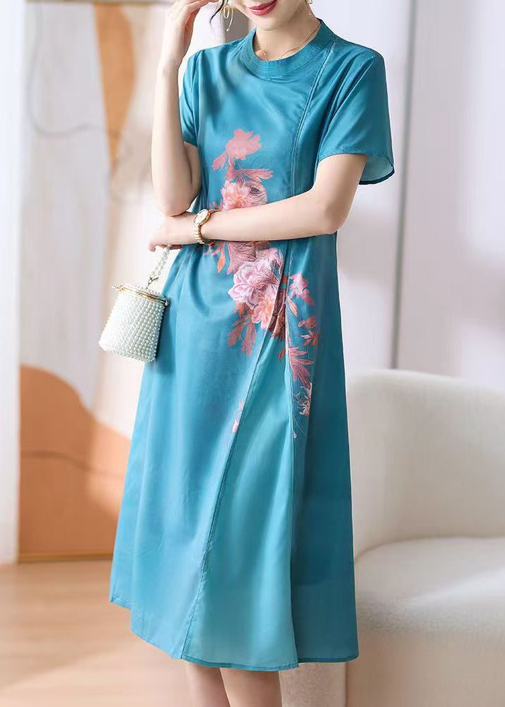 Women's Blue Cotton Floral Print Dress - OutfitLondon