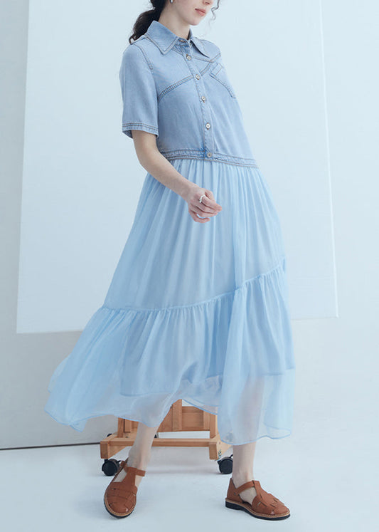 Women's Asymmetric Denim Dress Blue Silk Peter Pan Collar - OutfitLondon