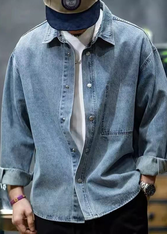 Men's Blue Denim Shirt Peter Pan Collar Metal Buttons - OutfitLondon
