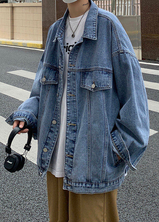 Men's Denim Jacket Blue Oversized Button Pockets - OutfitLondon