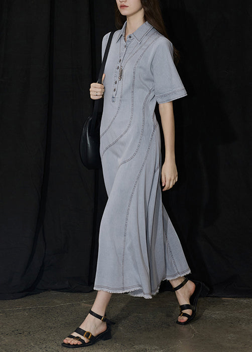 Women's Patchwork Maxi Dress Denim Peter Pan Collar - OutfitLondon