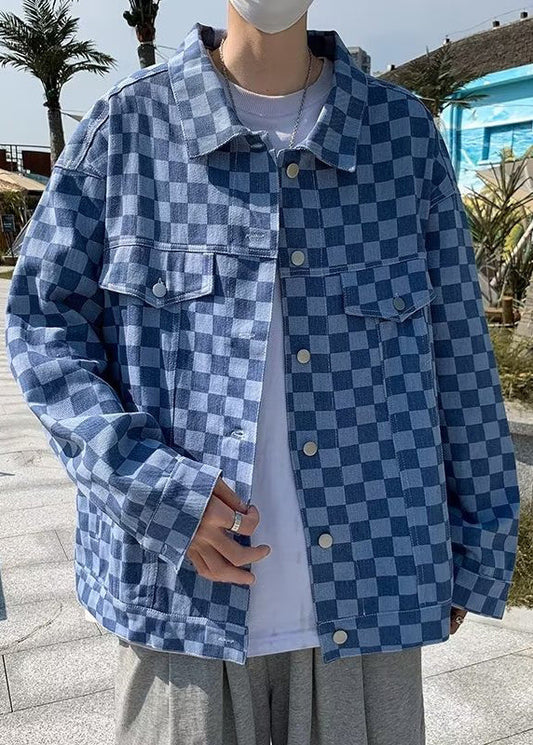 Men's Blue Plaid Denim Jacket Button Pockets - OutfitLondon