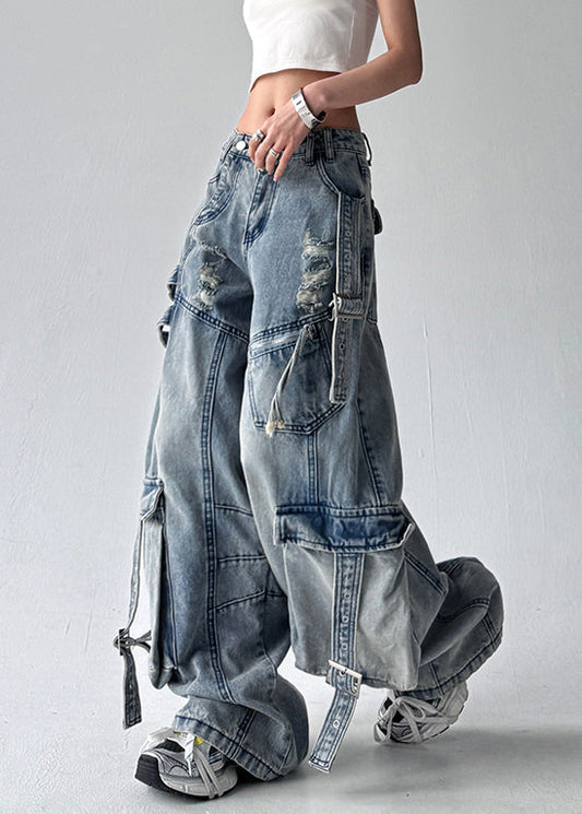 Women's High-Waisted Wide-Leg Denim Jeans Blue Distressed - OutfitLondon