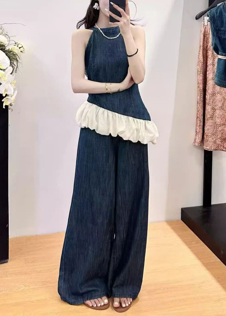 Women's Denim Patchwork Two-Piece Set Sleeveless Wide Leg Pants - OutfitLondon