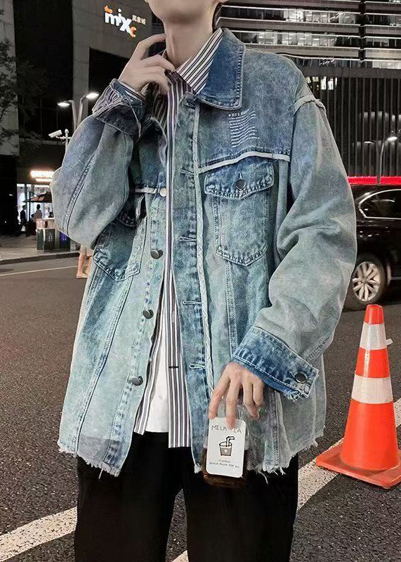 Men's Denim Jacket Blue Patchwork Rugged Texture - OutfitLondon