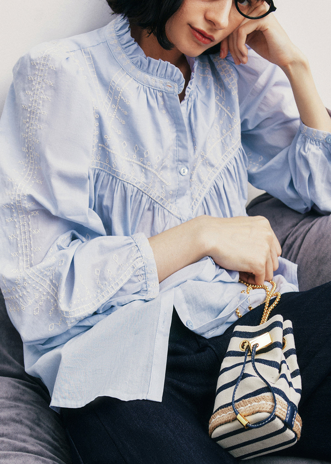 Women's Cotton Blouse Ruffles Blue Buttons - OutfitLondon