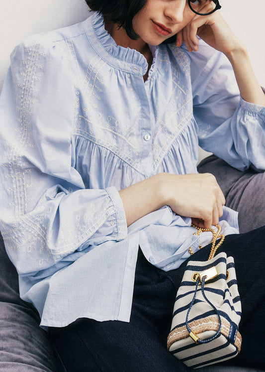 Women's Cotton Blouse Ruffles Blue Buttons - OutfitLondon