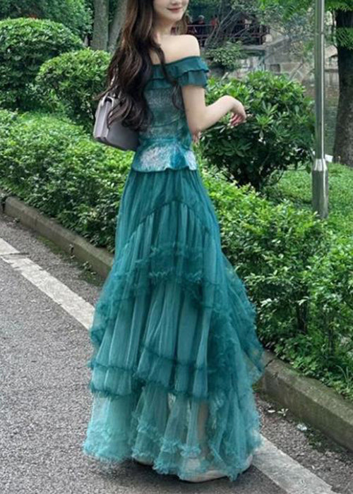 Women's Blue Tulle Summer Set Boat Neck Tiered Skirt - OutfitLondon
