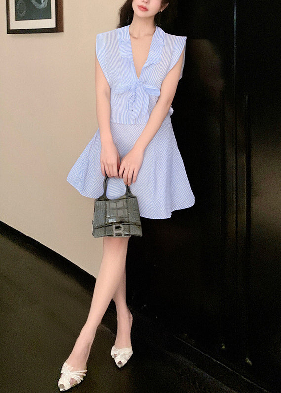 Women's Cotton Summer Set Lace-Up V-Neck Skirt Blue - OutfitLondon