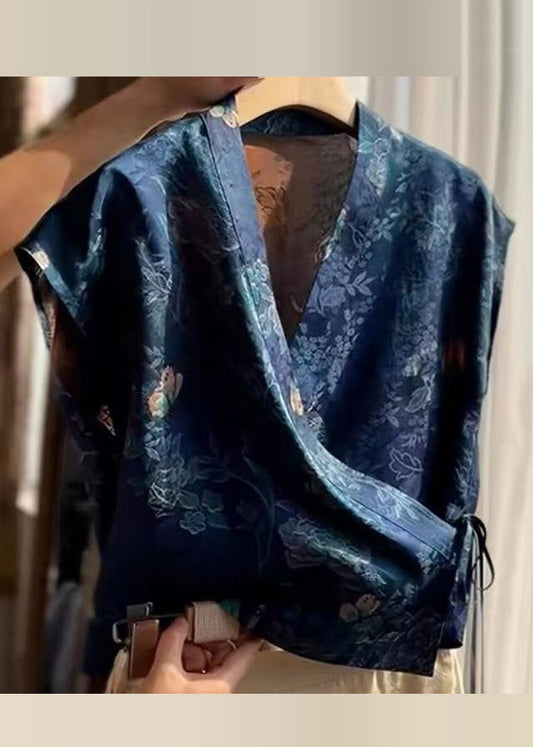 Women's Silk Blend Blouse V Neck Loose Fit Blue - OutfitLondon