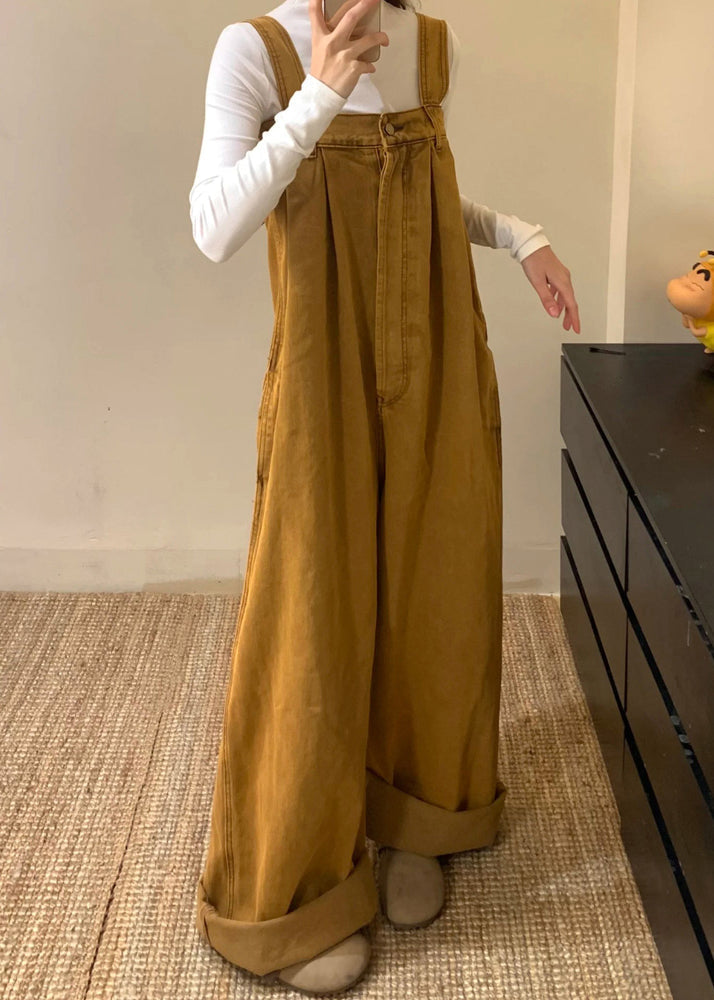 Women's Denim Sleeveless Jumpsuit Flowy Brown Buttons - OutfitLondon