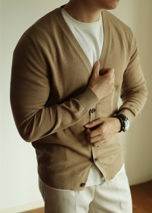 Men's Camel Wool Blend Cardigan Button Front - OutfitLondon