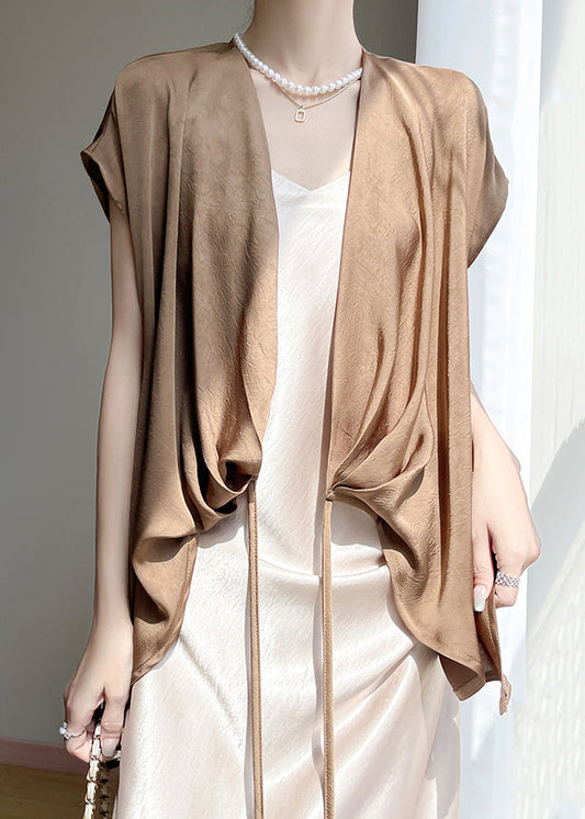Women Silk Short Sleeve Shirt Solid Coffee Plus Size - OutfitLondon