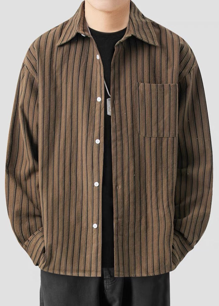 Mens Striped Cotton Shirt Button Pockets Relaxed Fit - OutfitLondon