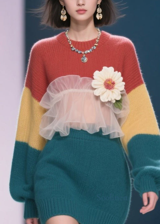 Women's Floral Sweater Dress Tulle Knit Winter - OutfitLondon