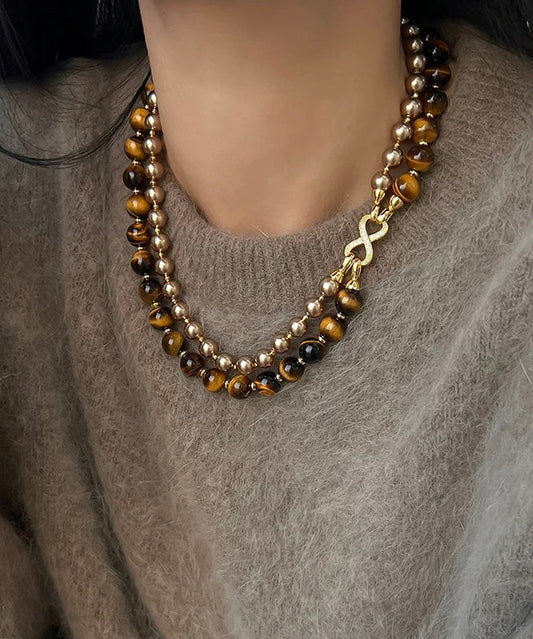 Women's Copper Tiger Eye Pearl Necklace Double Layer 44cm - OutfitLondon